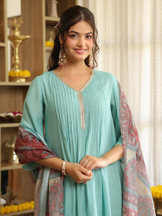 Light Blue Chanderi A-Line Kurta Set with Pocket