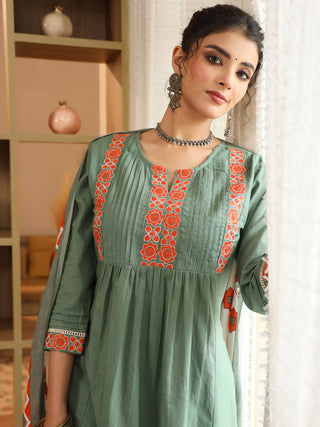 Women Ethnic Motifs Yoke Design Regular Thread Work Pure Cotton Kurta with Trousers & With Dupatta