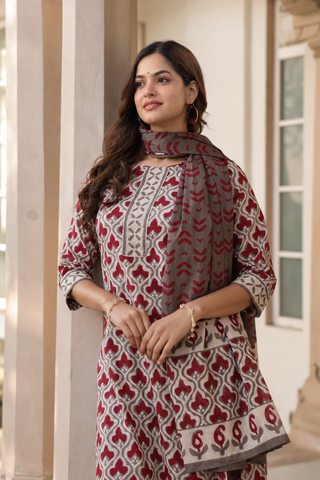 Grey Ethnic Motif Print 3-Piece Kurta Set