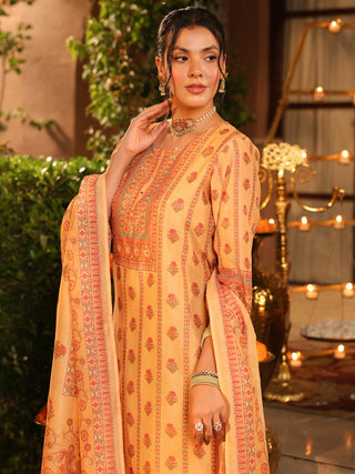 Yellow Panel Print Chanderi Straight Kurta Set With Pant Pocket
