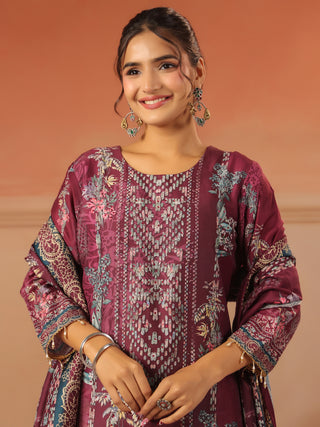 Wine panel printed silk blend kurta set with solid trousers and printed dupatta