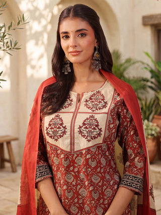 Maroon Printed Embroidered 3-Piece Kurta Set