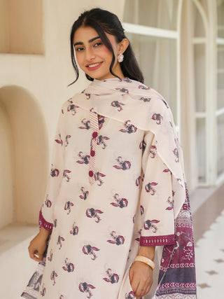 Off White Ethnic Motif Print Lace 3-Piece A-Line Kurta Set