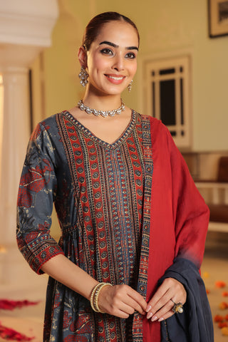 Blue Floral Print Embroidered 3-Piece Kurta Set