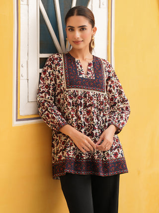 Beige Ethnic Motif Print Lace Top