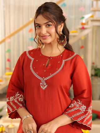 Rust Embroidered Mul Chanderi Straight Kurta Set with Dupatta