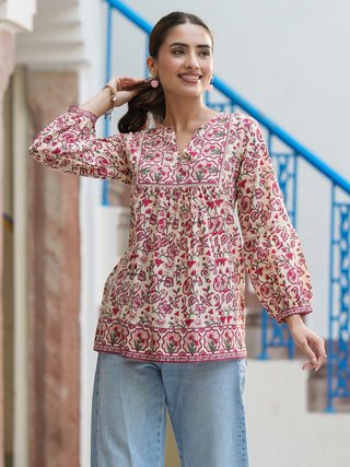 Pink Ethnic Motif Print Lace Top