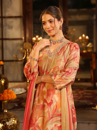 Beige Floral Print Straight Kurta Set with Pocket