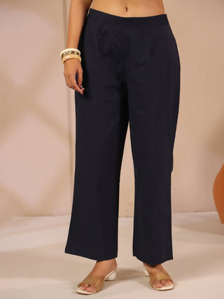Blue Solid Cotton Trousers with Pockets