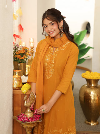 Mustard Embroidered Cotton A-Line Kurta Set