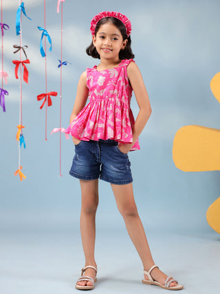 Girls Floral Printed Pure Cotton Peplum Crop Top