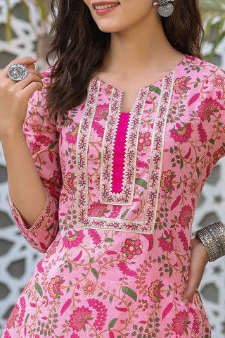 Pink Floral Printed Cotton Straight Kurta for Women