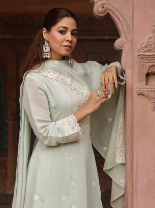 Mint Green Embroidered Lace 3-Piece Anarkali Kurta Set