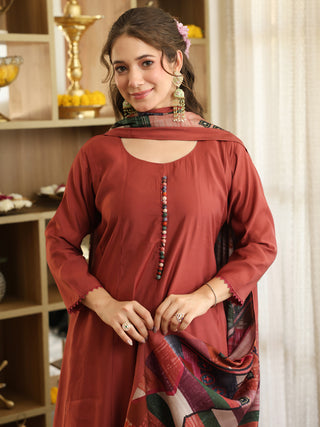 Brick Red Chanderi A-Line Kurta Set