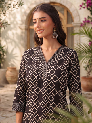 Black Geometric Print Embroidered 3-Piece Straight Kurta Set