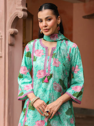 Mint Green Floral Print Straight 3-Piece Kurta Set