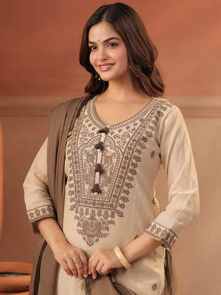 Women Ethnic Motifs Embroidered Regular Thread Work Chanderi Cotton Kurta with Trousers & Dupatta Set