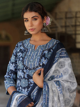 Women Navy Blue Floral Printed Pure Cotton Straight Kurta With Printed Trouser And Dupatta