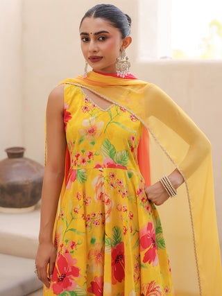 Yellow Floral Print Flared Anarkali Kurta Set
