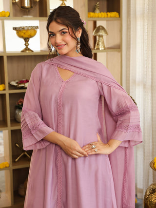 Lilac Lace Chanderi A-Line Kurta Set with Pocket