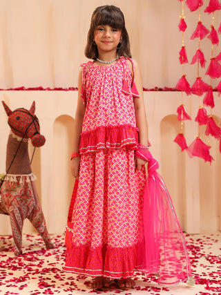 Girls Floral Printed Gotta Patti Pure Cotton Top with Skirt & Dupatta