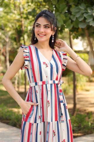 Beige Striped Fit & Flare Dress