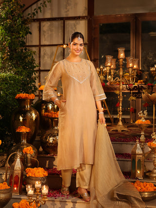 Beige Golden Sequin Tissue A-Line Kurta Set with Pocket