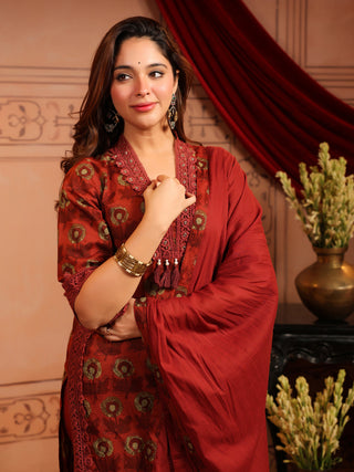 Rust Floral Print 3-Piece Straight Kurta Set