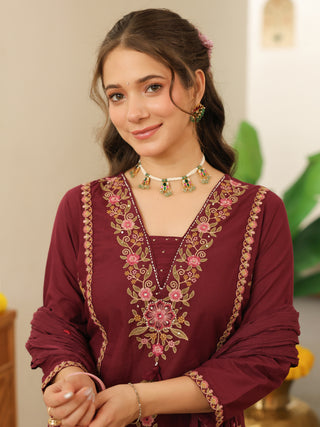 Wine Floral Embroidered Cotton Straight Kurta Set