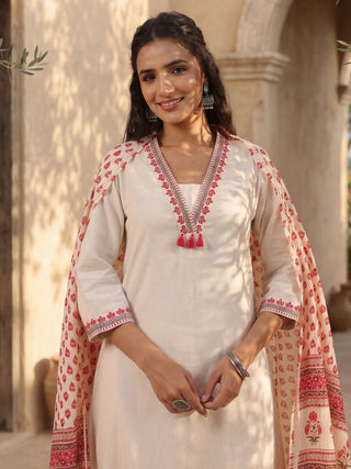 Off-White Cotton Straight Kurta Set with Red Embroidery