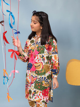 Girls Floral Printed Tie-Up Neck Pure Cotton Straight Kurta With Trousers