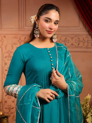 Teal Solid Fit & Flare 3-Piece Anarkali Kurta Set