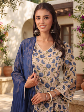 Beige Ethnic Motif Print Lace 3-Piece Kurta Set