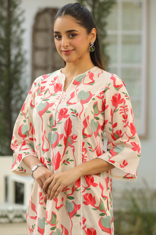 Cream Abstract Print Lace Kurta