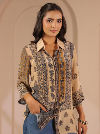 Beige ethnic printed crepe shirt
