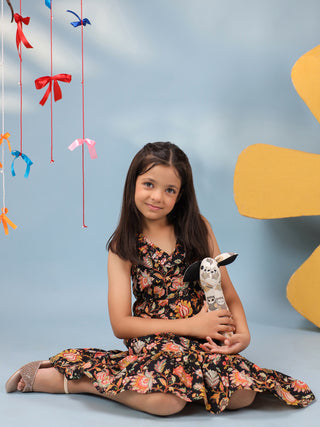 Girls Floral Printed Pure Cotton V-Neck Fit & Flared Ethnic Dresses