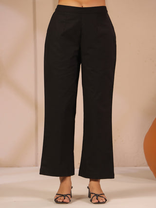 Black Solid Cotton Trousers with Pockets