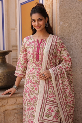 Women Ethnic Motifs Printed Regular Pure Cotton Kurta with Trousers & With Dupatta