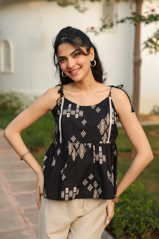 Black Abstract Print Fit & Flare Top