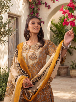 Mustard Printed Embroidered 3-Piece Kurta Set