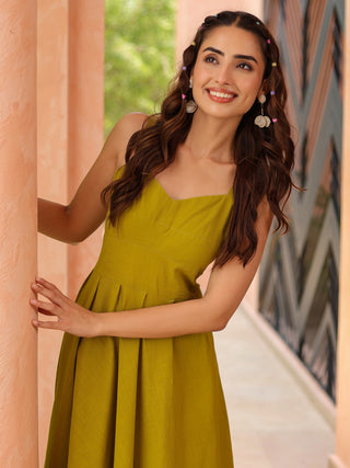 Olive Green Solid Fit & Flare Dress
