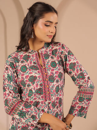 Green Floral Print Cotton Mandarin Collar Top