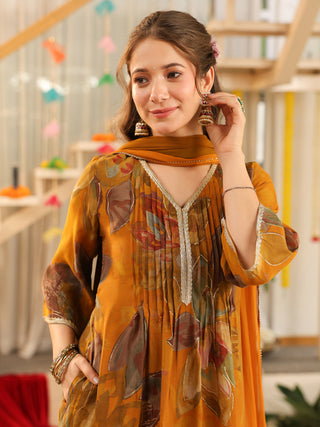 Mustard Floral Chanderi A-Line Kurta Set with Pocket