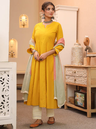 Mustard Solid Lace 3-Piece Kurta Set
