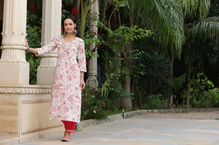 Women Cream and Pink Embroidered Pure Cotton Straight Kurta With Salwar