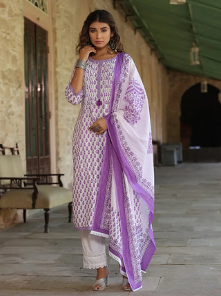 Women Purple-Coloured Ethnic Motifs Printed Sequinned Pure Cotton Kurta with Trousers And Printed Dupatta