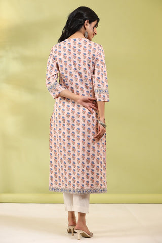 Women Pink and Blue Floral Printed Pure Cotton Kurta