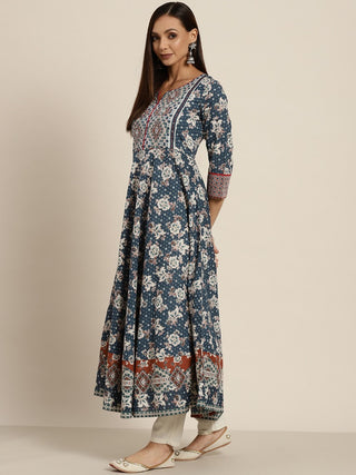 Women Navy Blue & Off White Pure Cotton Floral Print Anarkali Kurta