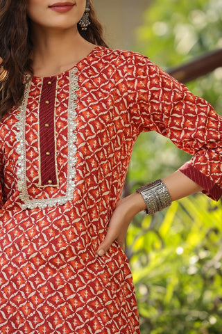 Women Maroon Ethnic Motifs Cotton Printed Straight Kurta