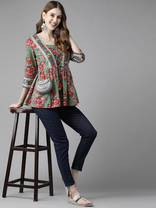 Women Green And Red Floral Printed Empire Cotton Top